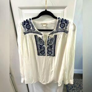 Saint Tropez Women Top Blouse Large White Blue Embroidered Boho Long Sleeve